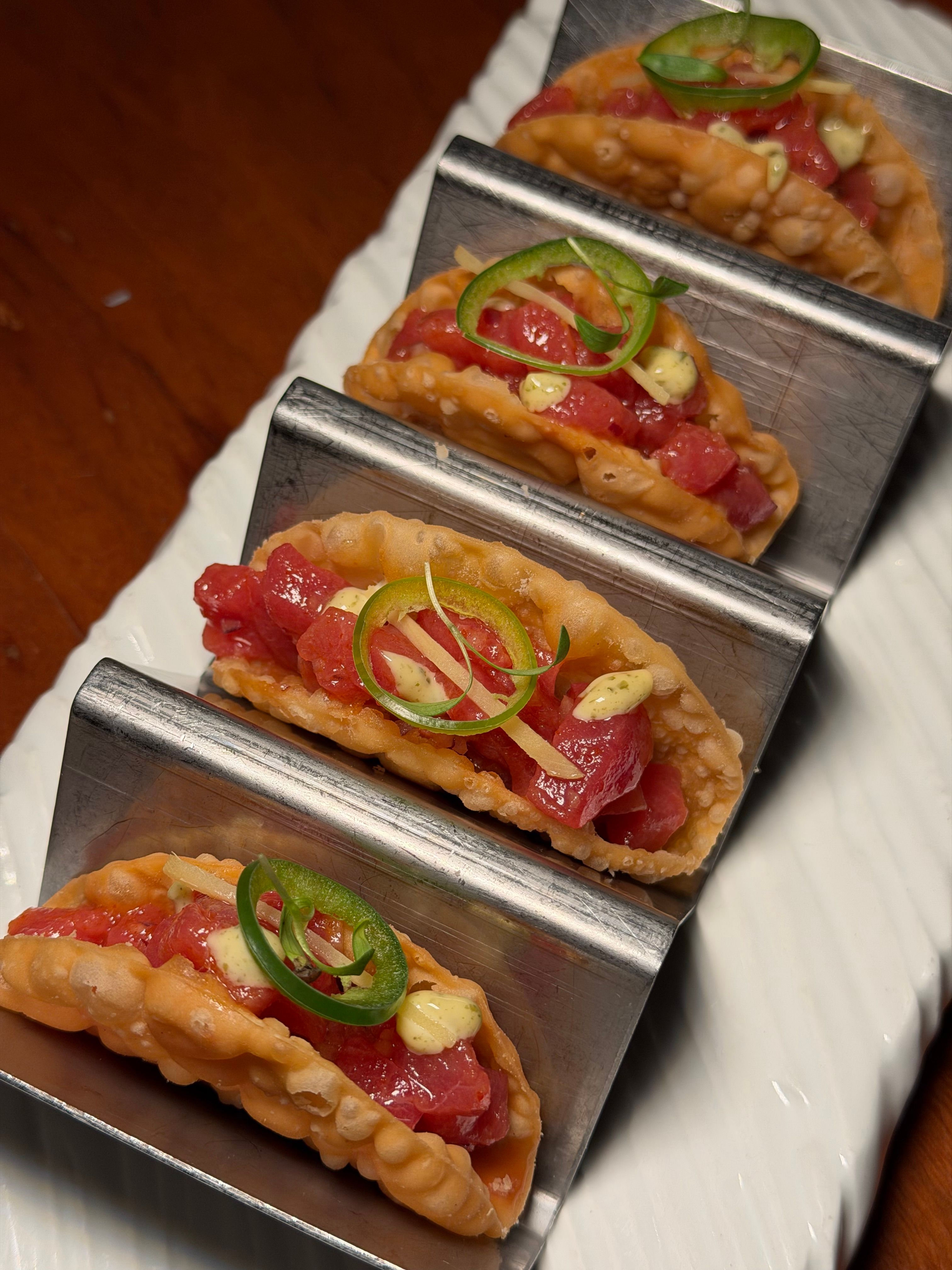 Ahi tuna tacos served as hors d'oeuvres